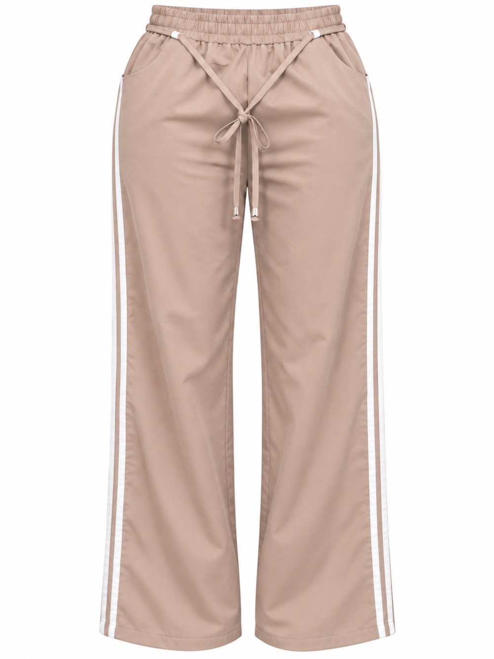 Wide Leg Track Pants with Side Stripe - Beige